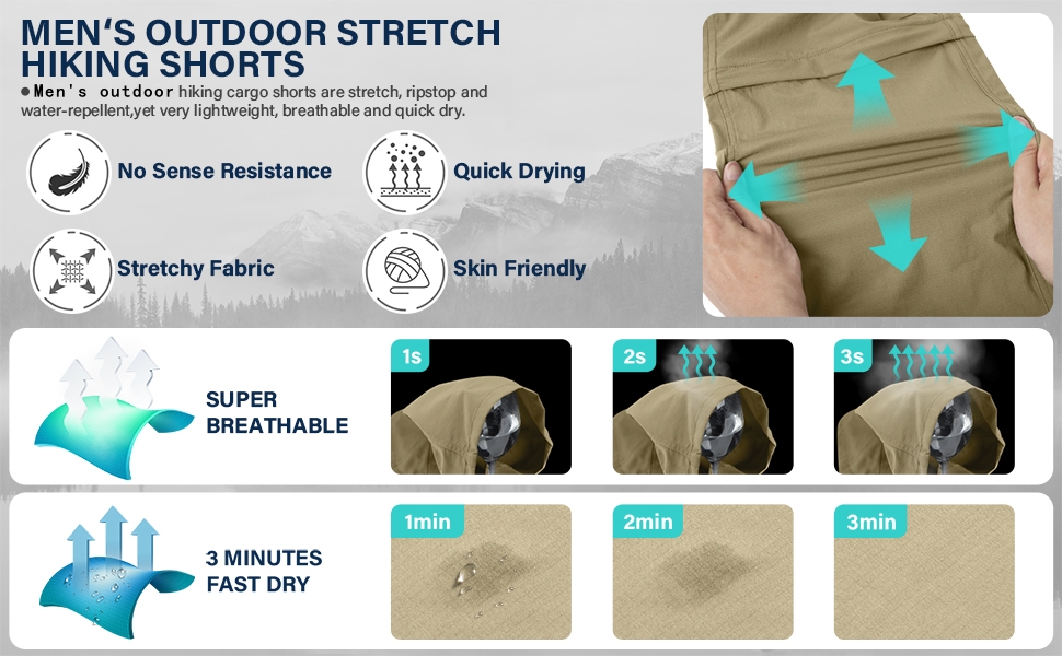 Mens Outdoor Casual Expandable Waist Lightweight Water Resistant Quick Dry Fishing Hiking Shorts