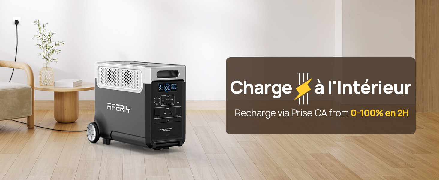 avec roues et poignée. L'appareil noir est doté d'un affichage numérique et de plusieurs ports. Le texte indique la capacité de charge rapide via une prise secteur.