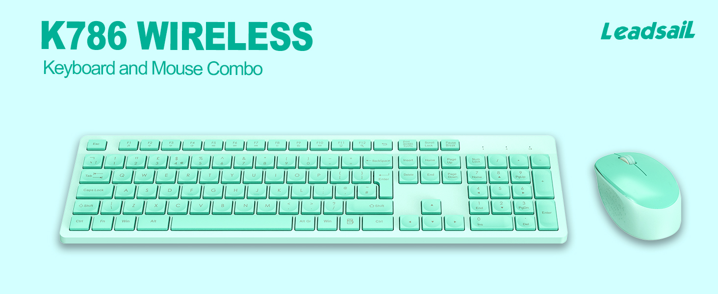 Text reads 'K786 WIRELESS'. Product image showing a mint green wireless keyboard and mouse set against a white background.