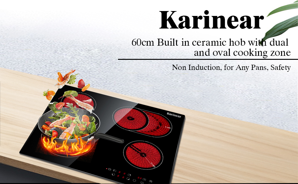 Karinear Ceramic Hob, 60cm Built-in 4 Zones Electric Cooktop With Dual Oval Zone 6600W, Hard Wired, No Plug Included 10 electric hob