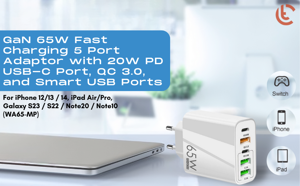 SPN-BFCC Charging 5 Port Adaptor with 20W PD USB-C Port, QC 3.0 and Smart USB Ports