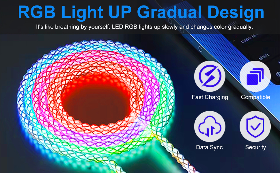 KINDRM LED USB Type C Cable, RGB Colorful Gradual 3ft USB A