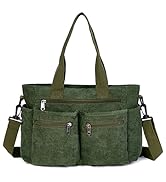 Green Corduroy Tote Bag with Multiple Zipper Pockets