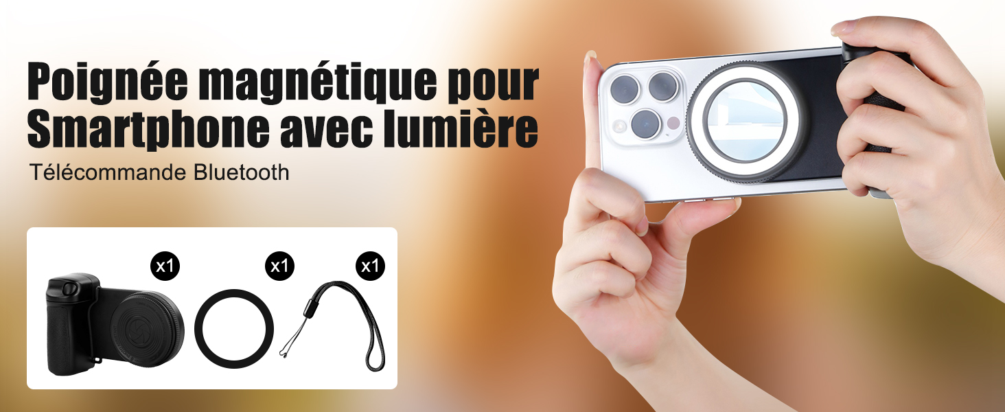 Poignée magnétique pour smartphone avec éclairage intégré et télécommande Bluetooth. Présenté en tant que composants séparés et connecté à un téléphone, démontrant son utilisation pour la photographie.