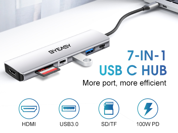 BYEASY USB C Hub, 7IN1 Docking Station, 4K HDMI, 100W PD