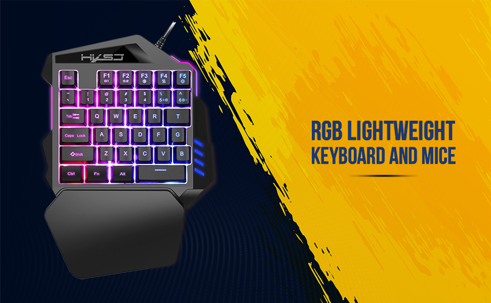 Compact gaming keyboard with purple RGB backlighting, integrated wrist rest, and one-handed layout. Text reads 'RGB LIGHTWEIGHT KEYBOARD AND MICE'.