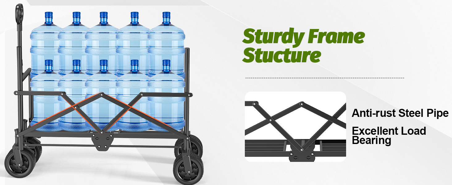Wheeled cart with steel frame holding ten large water jugs. Features anti-rust steel pipes and load-bearing structure. Text highlights 'Sturdy Frame Structure' and diagram shows cross-bracing design.