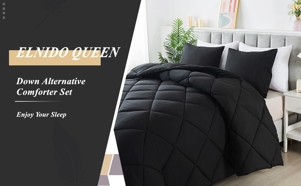 ELNIDO QUEEN Black Queen Comforter Set with 2 Pillow Shams