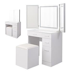ホワイトドレッサー・三面鏡・LED付き♡ 【机のみ　※椅子は別で出品】 LEDライト付き エレガント 三面鏡 女優ドレッサー スツール
