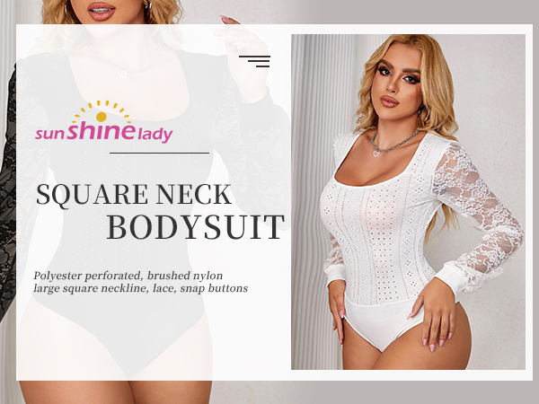 sunshinelady Women's Plus Size Bodysuits Long Sleeve Square
