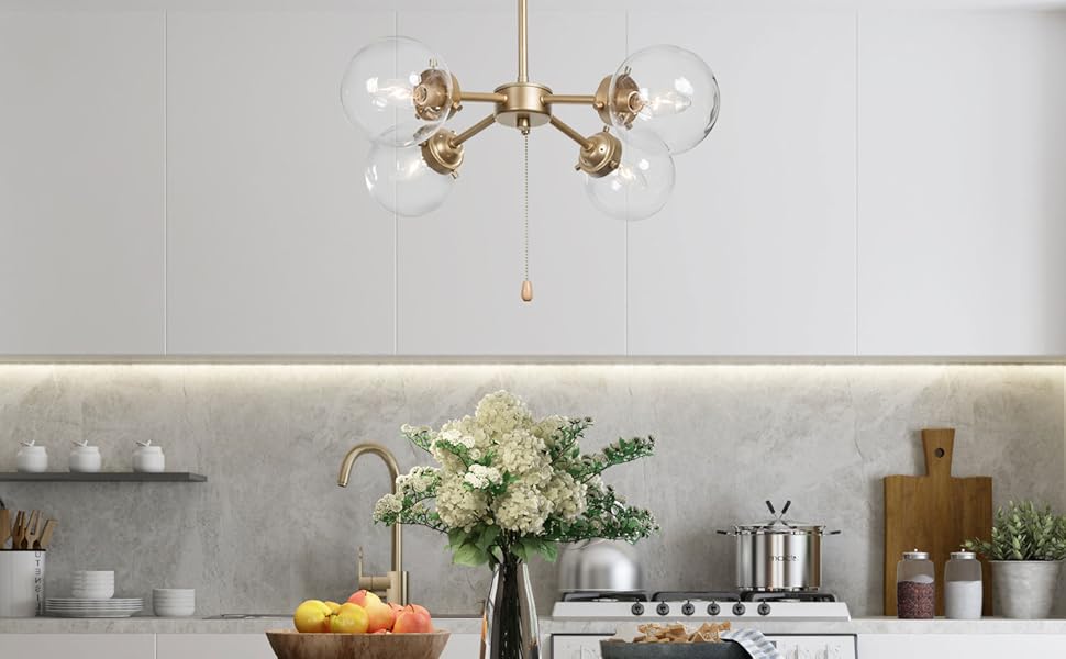 KSANA Gold Chandelier with Pull Chain On/Off Switch, 2 in 1 Sputnik Chandeliers and Semi Flush