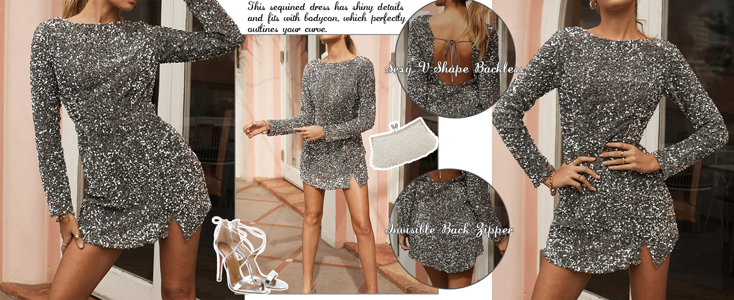 Women's Sequin Bodycon Fall Winter Velvet Warm Long Sleeve Sexy Backless Glitter Slit Mini Dress