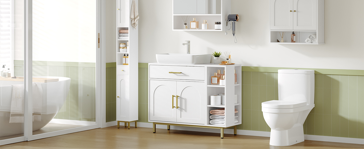 a bathroom with a white cabinet and a white sink.