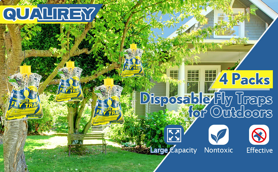 Qualirey 4 Pack Fly Traps Outdoor Hanging, Disposable Fly