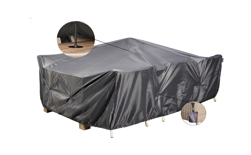Large rectangular outdoor furniture cover in dark gray. Features air vents and drawstring hem for secure fit over patio sets.