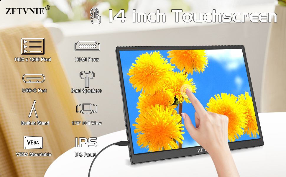 Portable Monitor Touchscreen 14 inch HDR FHD 1920 x 1200P Portable Display IPS Screen External