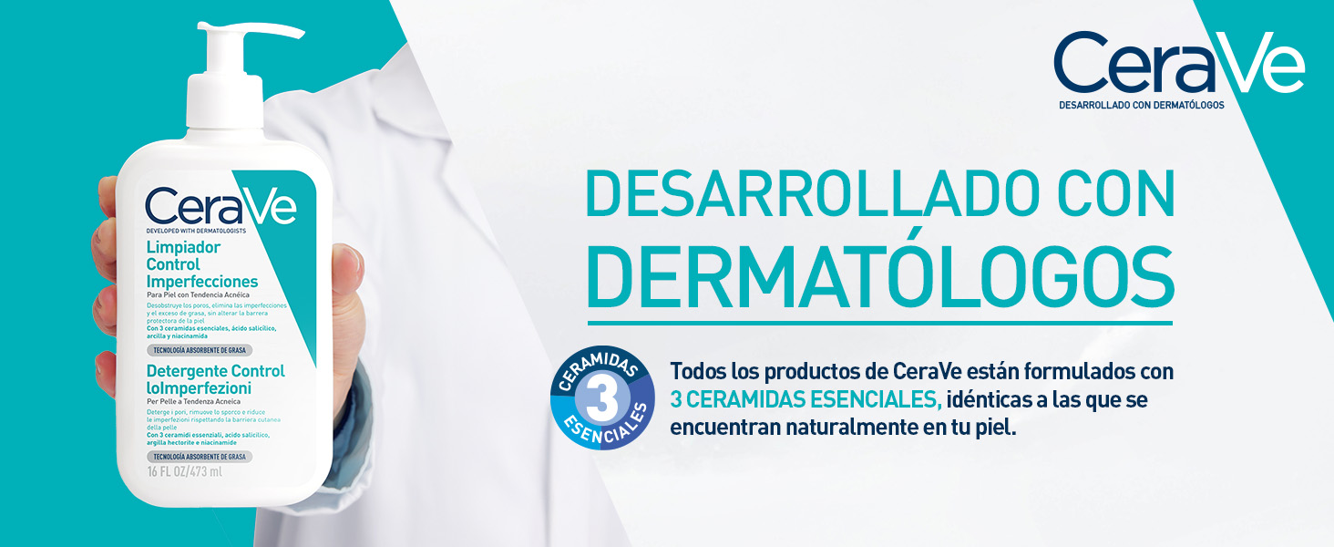 Coleção de imagens de produtos para cuidados com a pele mostrando aplicação e uso, com elementos de marca em azul e branco de estilo clínico.