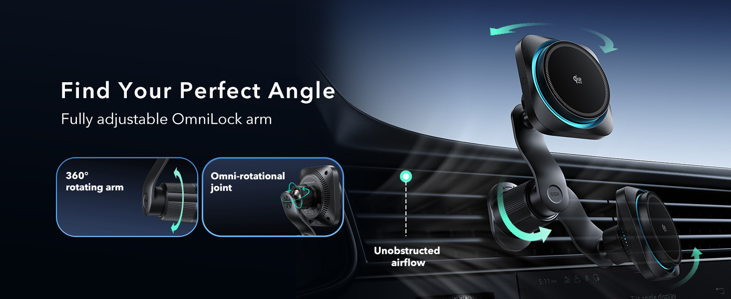 ESR OmniLock Qi2.2 Certified 25W MagSafe Car Mount Charger with CryoBoost, Phone Cooling MagSafe Car Charger, 360° Rotatable, Air Vent Magnetic Car Phone Holder for iPhone 17/16 with iOS 26, Black