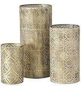 3 Piece Intricate Hurricane Lanterns, Multi-Pattern Lattice Work, Gold Finished Metal, Pale Grey ...