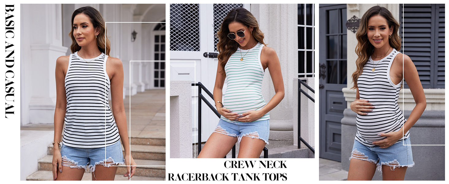 Striped Maternity Tank Tops Crew Neck Sleeveless Maternity Shirts Summer Basic Slim Fitted Tops