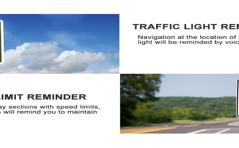 Traffic safety features: Green traffic light and 40 mph speed limit sign. Text describes navigation and speed limit reminders.