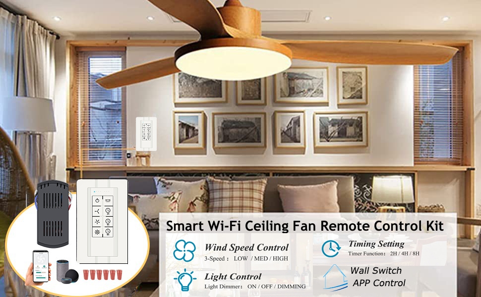 Universal Smart WiFi Ceiling Fan Remote Control Kit, Wall Switch Compatible with
