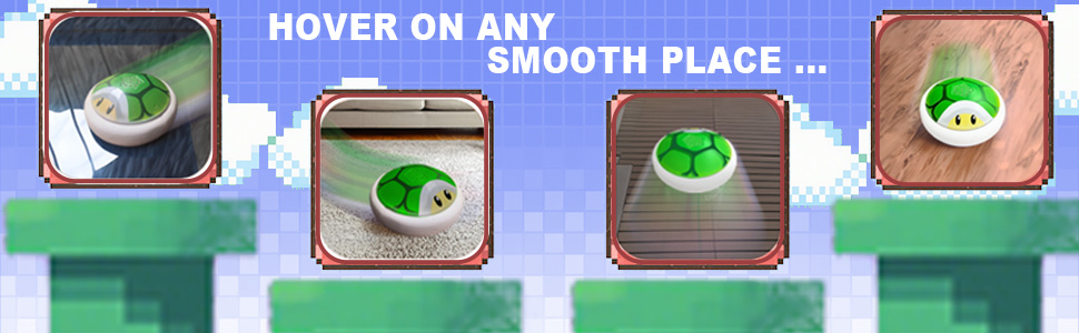 Four square images of a green and white mushroom-shaped object with eyes, displayed on various surfaces. Text reads 'HOVER ON ANY SMOOTH PLACE'.
