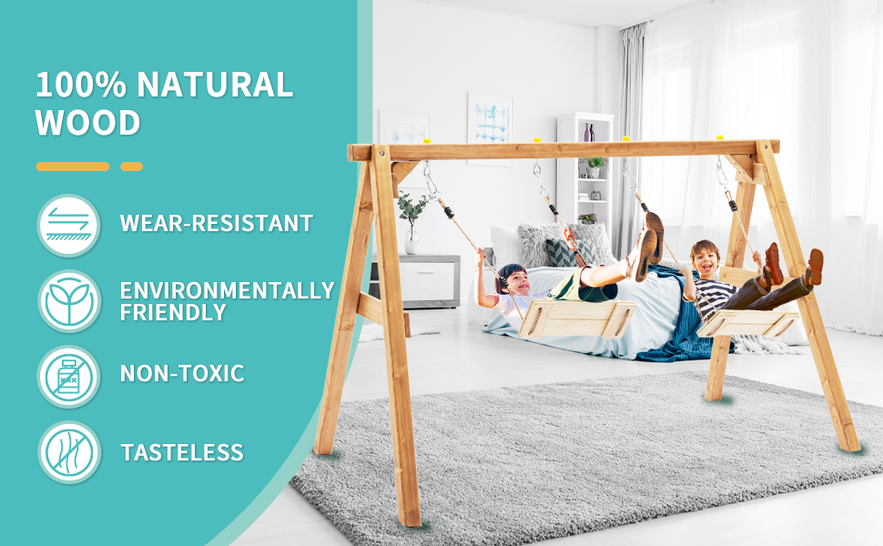 Wooden Toddler Swing Set, 100 Natural Wood Kids Swing with