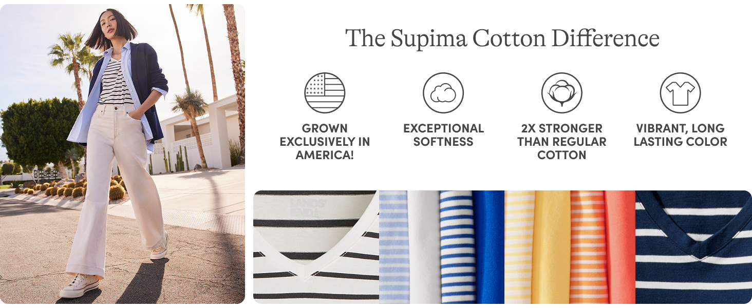 Superior Cotton Grown in America, breathable fabrics flattering wardrobe, classic contemporary