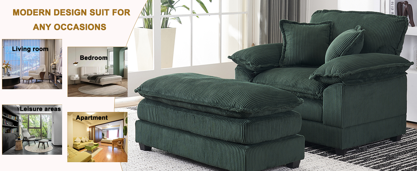 Corduroy Overstuffed Chaise Lounge Chair, Oversized 47" W