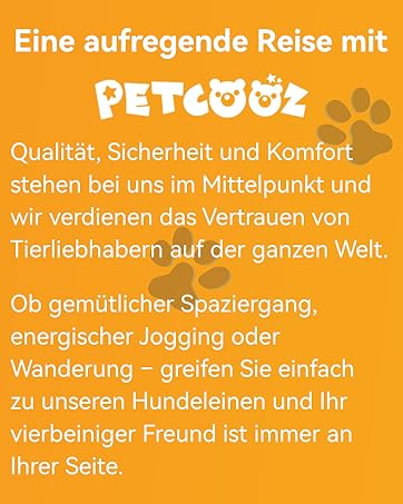 Orangefarbenes Werbetextbanner für Petcuuz-Haustierprodukte, das Qualität, Sicherheit und Komfort für Haustieraktivitäten hervorhebt.