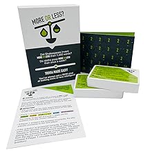 Full product shot of More Or Less? 100 question cards, scoring tokens and rules.