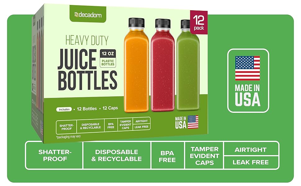 DECADORN 12oz Plastic Bottles With Caps 12 Pack Empty