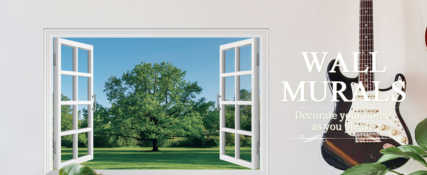 FLFK Fake Window Wall Decal Grass and Trees Faux Window