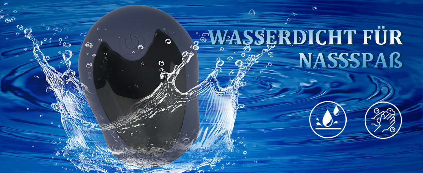 Der Text lautet „WASSERDICHT FÜR“. Die Bilder zeigen eine Demonstration der Wasserdichtigkeit mit blauem Wasser, das gegen ein elektronisches Gerät spritzt.
