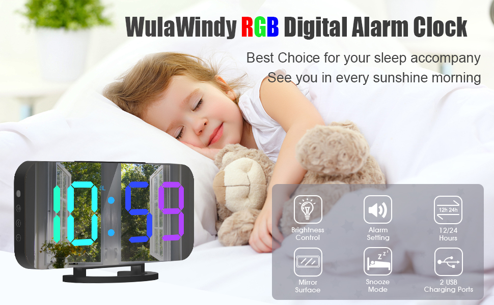 WulaWindy RGB Digital Clock LED Alarm Clocks Large