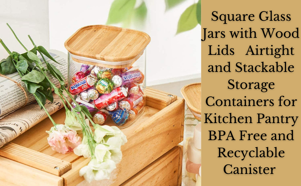 SPN-BFC square glass jars wood lids airtight stackable storage containers kitchen pantry
