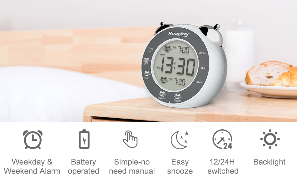 REACHER Digital Alarm Clocks Battery Powered, Dual Alarms with Weekday