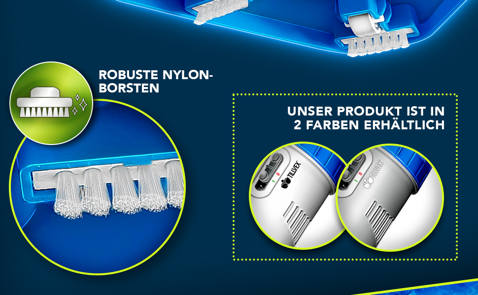 Productadvertentie met robuuste nylonharen en twee kleuropties. Blauwe achtergrond met bliksemeffect. In de Duitse tekst worden productkenmerken beschreven.