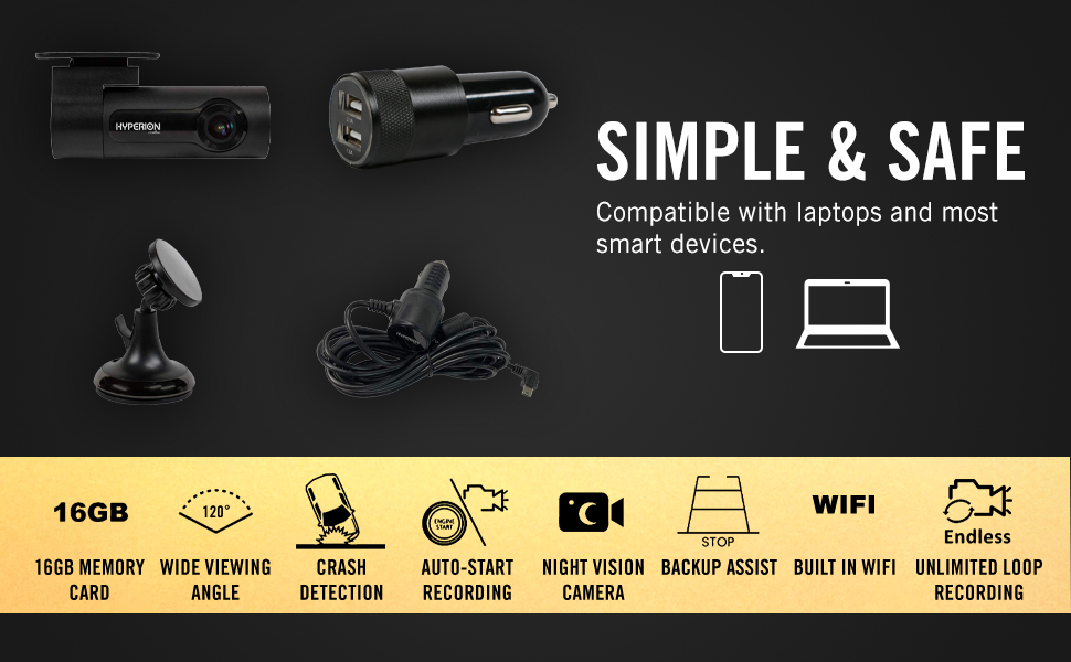 Hyperion 1080p WiFi Dash Cam with Crash Detection and