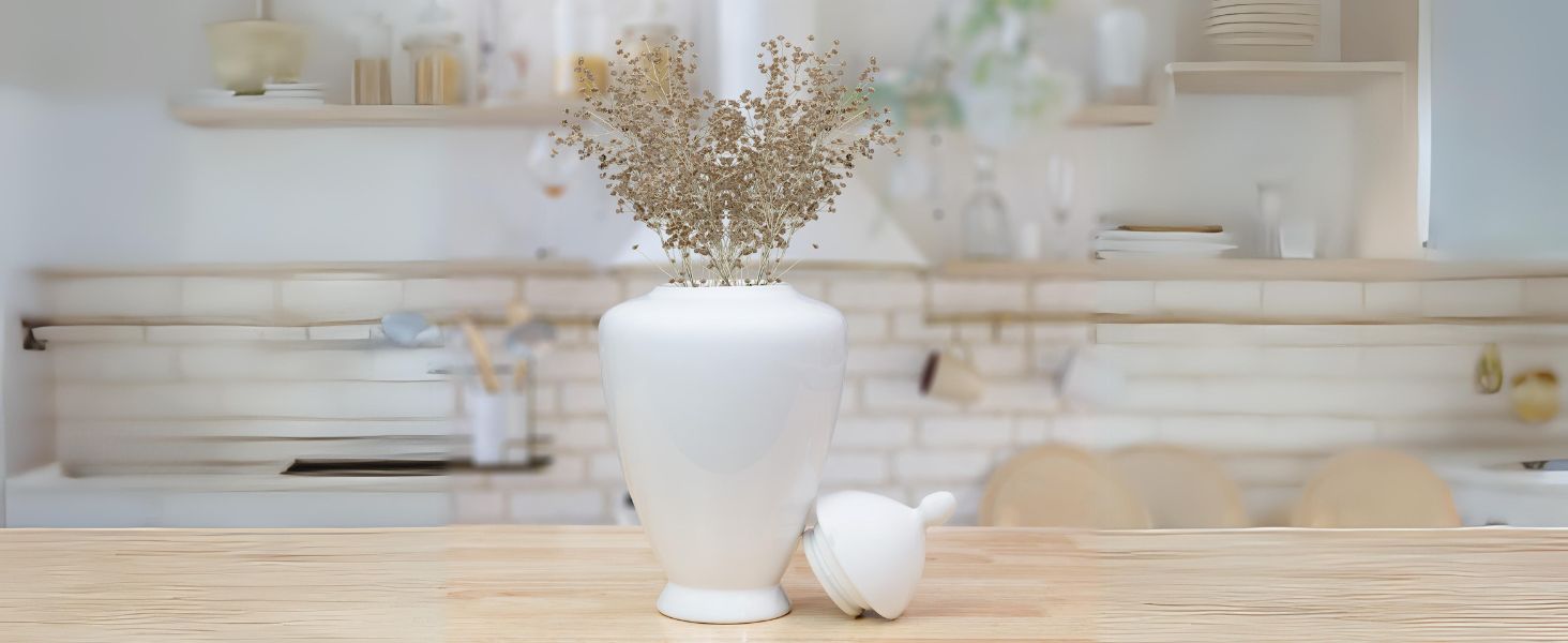 White Ceramic Ginger Jar on wooden counter top