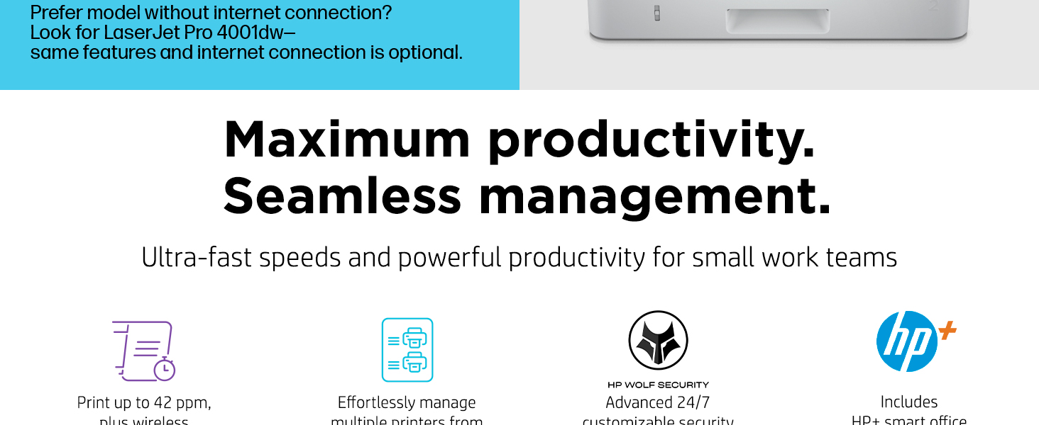 professional black and white laser printing small work teams fast print speed wireless secure hp+