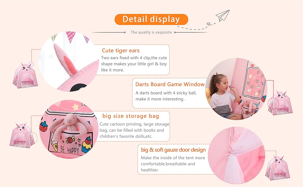 Princess Castle Play Tent Kids Play Tent Pink Kids Teepee Tent Large Children Playhouse Cute Rabbit Shape Tent Toddler playroom for Girls Indoor Outdoor Toys Birthday (Rabbit) 20 children tent