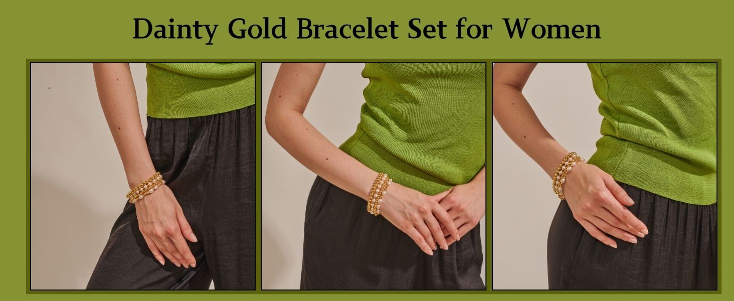 BRAYEG 14k Plated Gold Beaded Pearl Bracelets stack, Gold