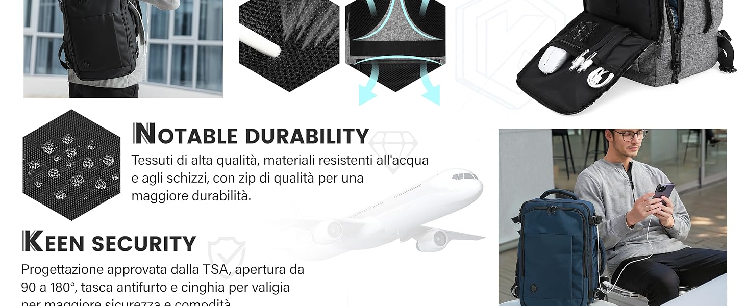 Immagine composita che mostra le caratteristiche di uno zaino nero: materiale resistente all'acqua, elevata sicurezza e viste multiple, tra cui primi piani delle cinghie e una tasca