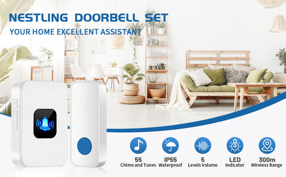 Doorbell, Nestling® Waterproof Mini Wireless Doorbell Ring Chime Kit