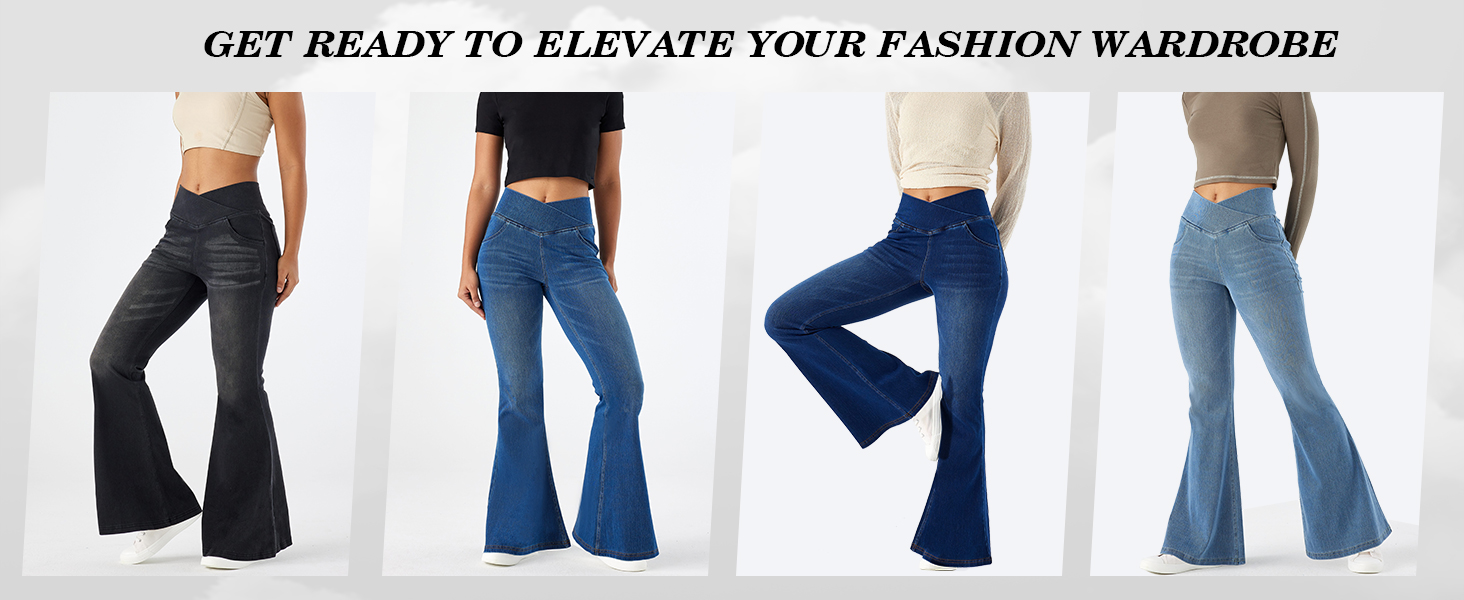 Bell Bottom Jeans for Women High Waisted Stretchy Flare Jeans Pull On Crossover with Pockets 