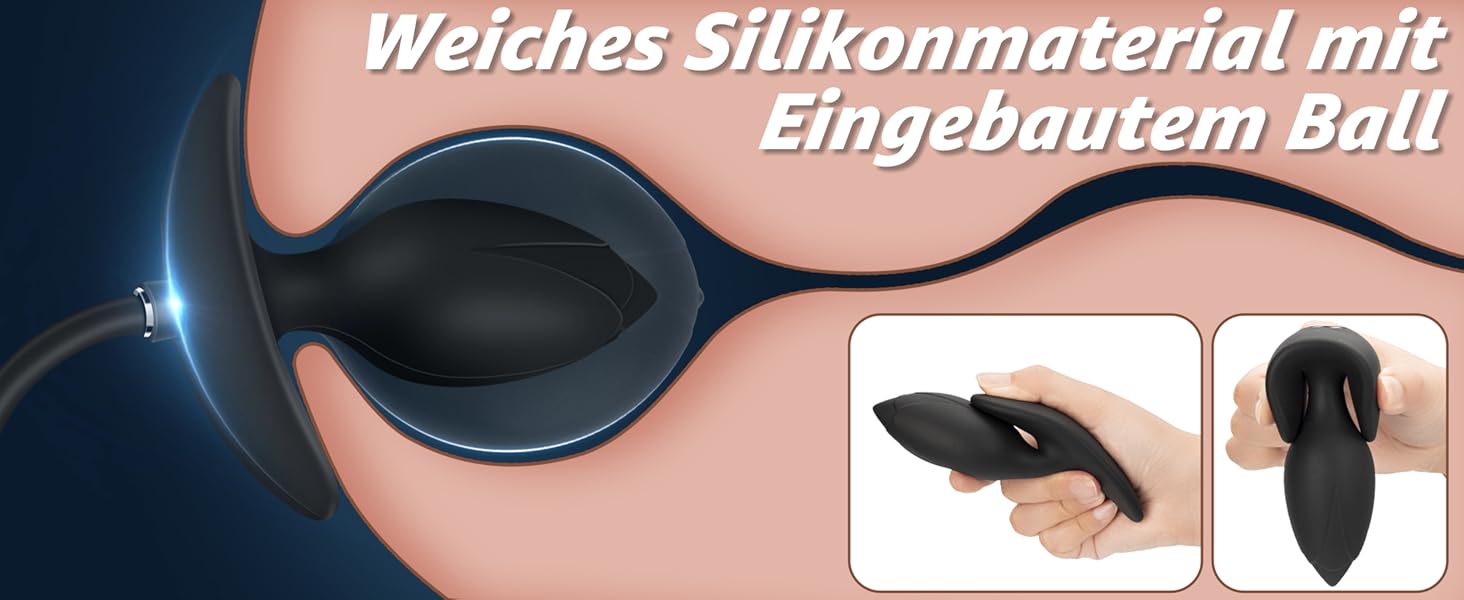 Der Text lautet „Weiches Silikonmaterial mit eingebautem Ball.“ Das Produkt wird in zwei Winkeln vor dunklem Hintergrund mit blauem Leuchteffekt gezeigt.