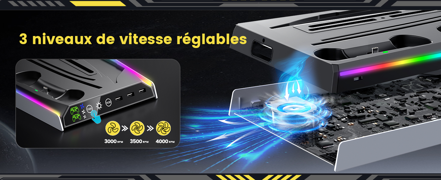 Support de refroidissement pour appareil électronique avec 3 niveaux de vitesse réglables. Dispose d'un éclairage RGB, de plusieurs ventilateurs et d'un design noir élégant avec fentes d'aération.