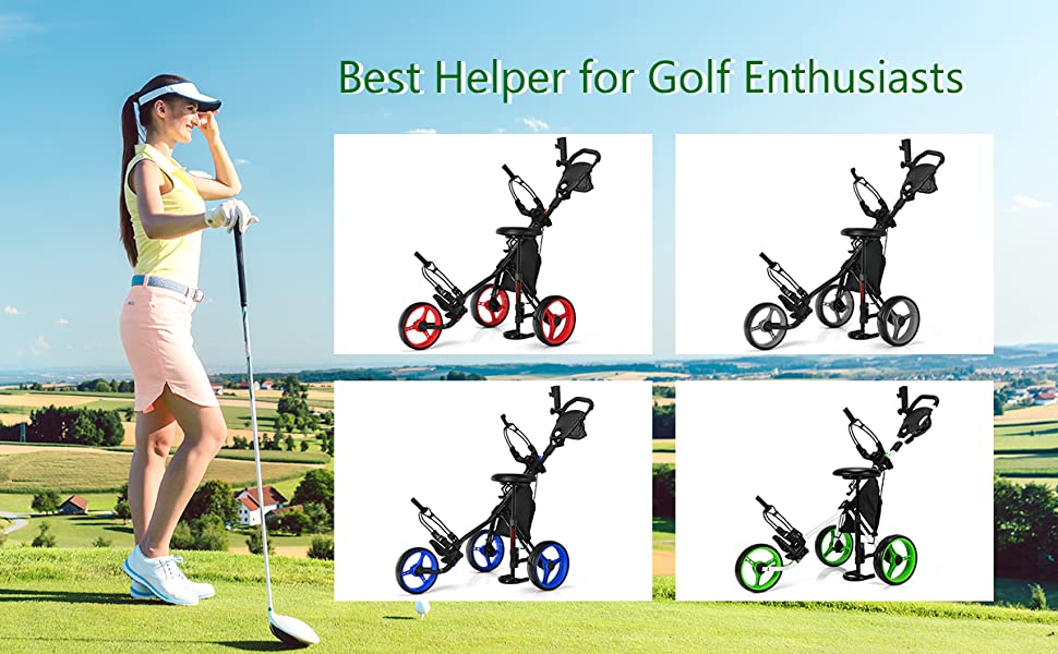 Tangkula Golf Push Pull Cart with Seat, Lightweight Folding 3 Wheels